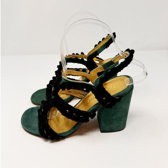 Rachel Comey Chenille Suede Green Black Pom Pom Block Heeled Cage Sandals US 6 - Picture 4 of 9